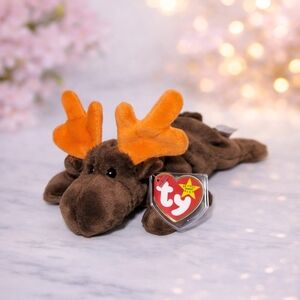Chocolate Ty Plush Moose with Brown Body and Orange Antlers